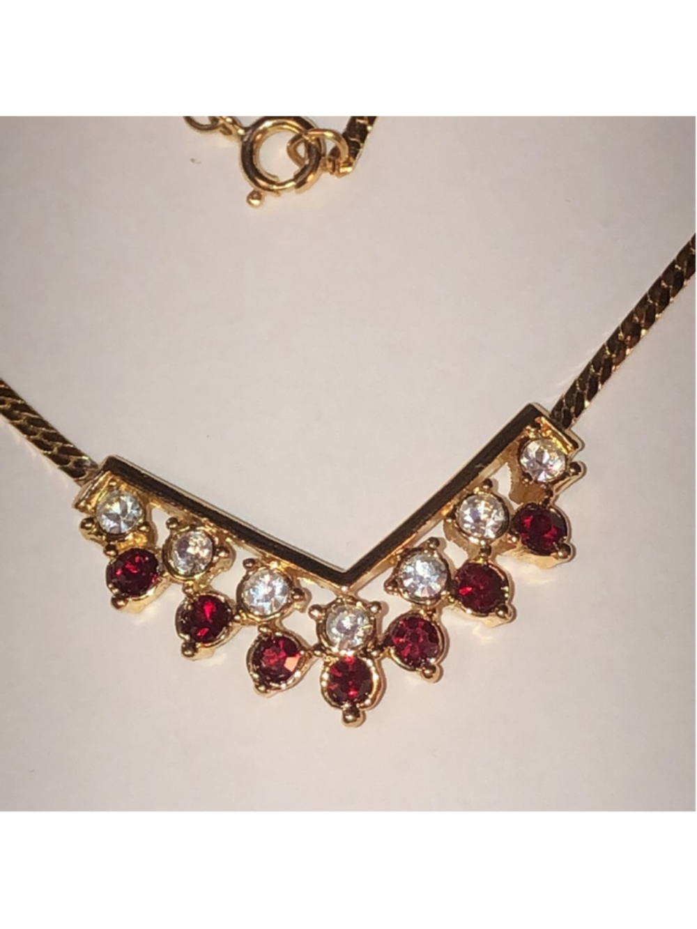 Vintage Gold Tone Ruby Red CZ Rhinestone Classic Retro Boho Necklace